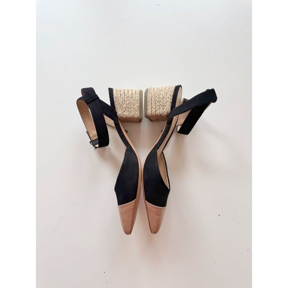 SCHUTZ Black Suede Tan Leather Pointed Cap Toe Jute Block Heel Sandals, Size 5.5 - Picture 12 of 15